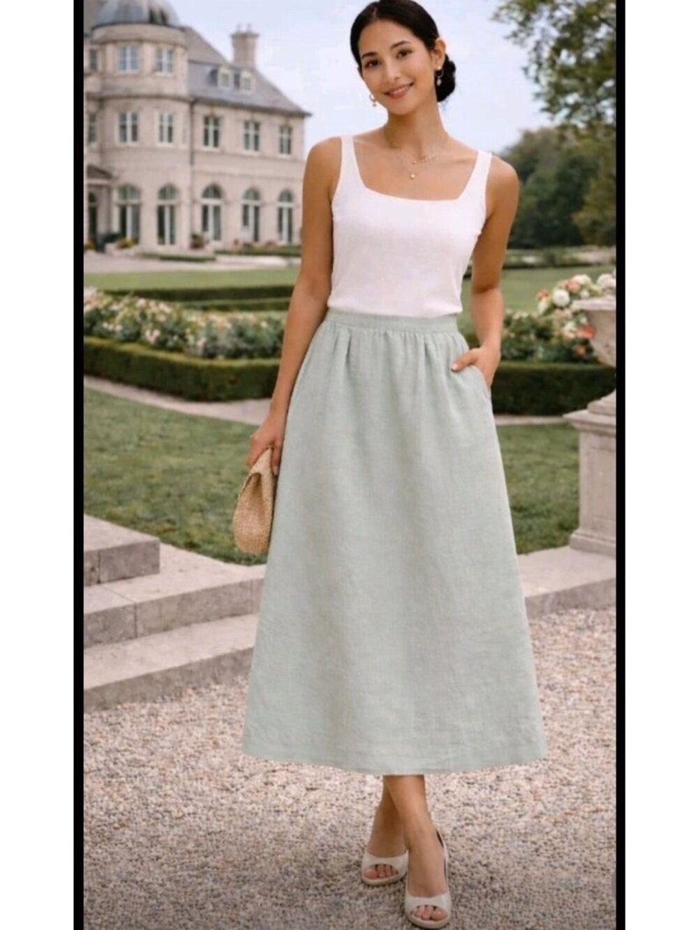 Vtg Womens100% Linen Midi Skirt Pleated Classic Luxury Event Size 20 Seafoam